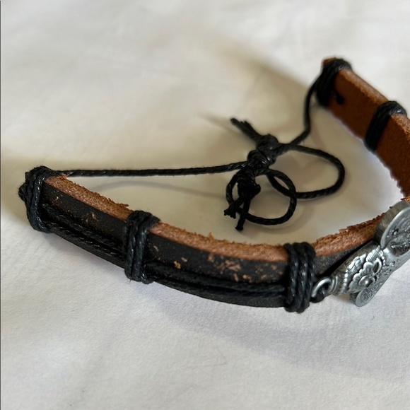 Black Brown Leather Bracelet Adjustable Elephant Charm Bohemian Rustic Unisex - Picture 2 of 4